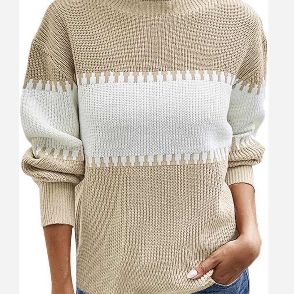 Tan White Color Block Knit Sweater Long Sleeve Balloon Sleeve Women Large